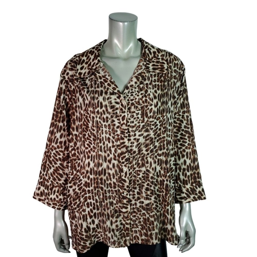 Covington Top Plus Size 20/22W Animal Print Collared Button Up Long Sleeve Brown
